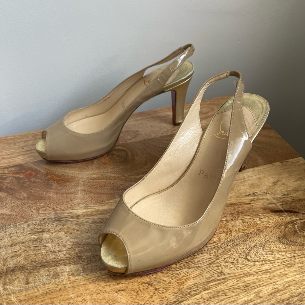 Red bottom Nude Patent Leather Peep-Toe Slingback Heels